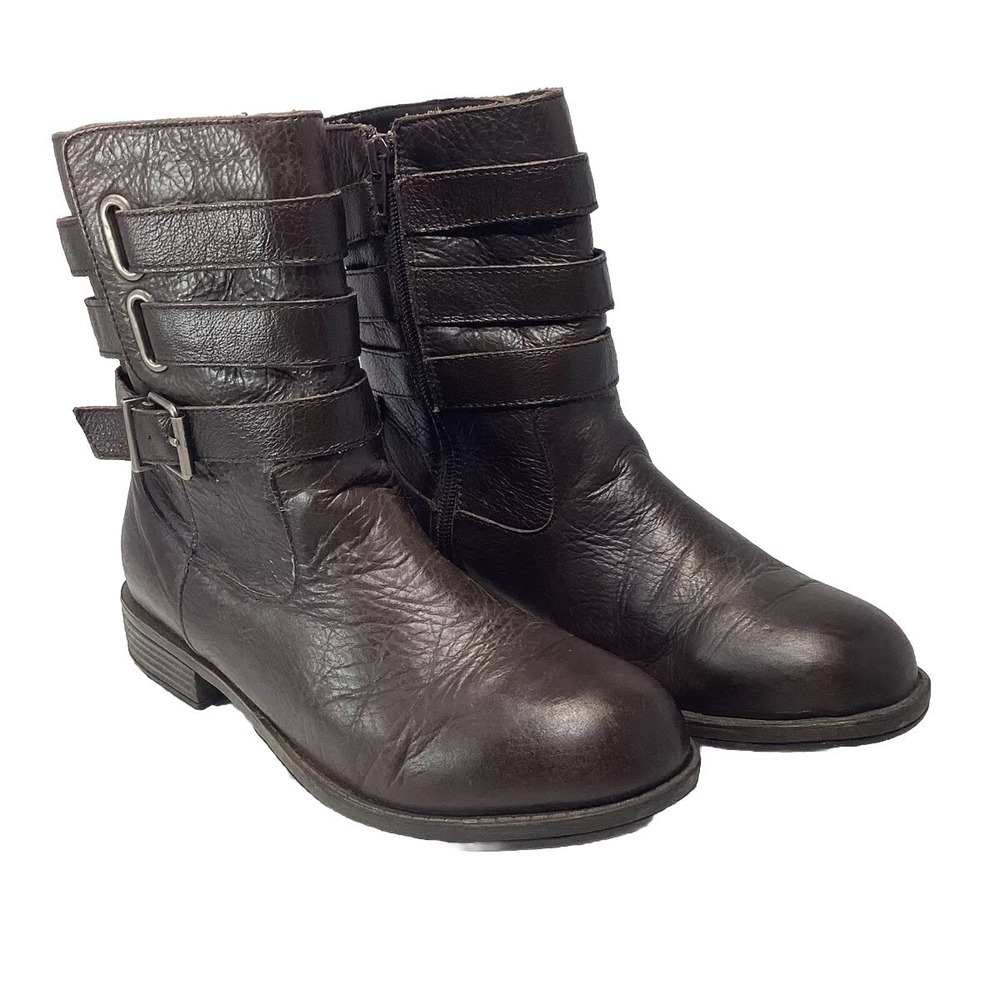 Kenneth Cole Reaction "Tri Again" Dark Brown Leather Triple Buckle Moto Boot 8